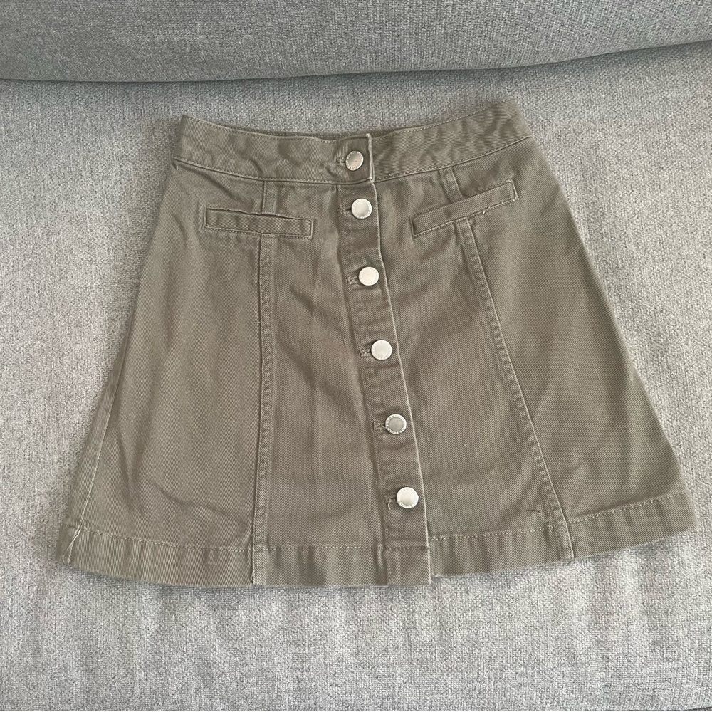 Olive Button-Front A-Line Skirt